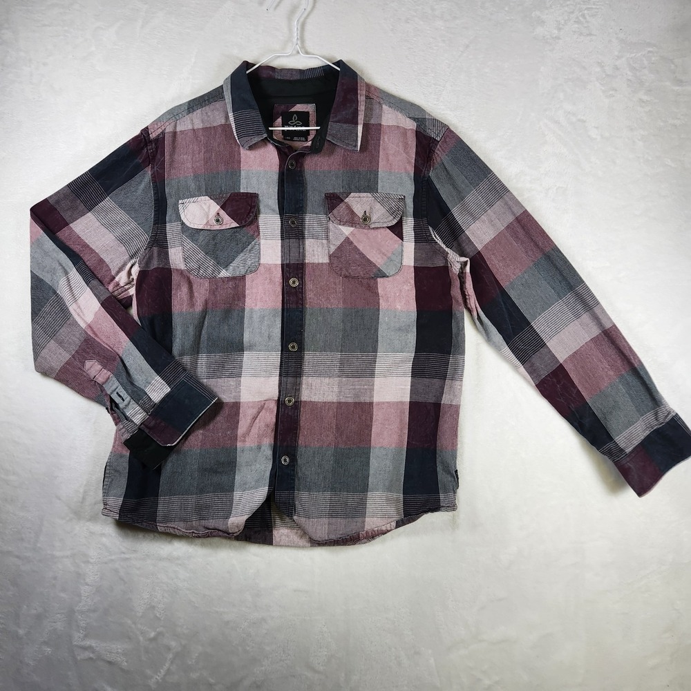 prAna Men's L Flannel Shirt Burgundy Gray Plaid Long Sleeve Button Front Outdoor